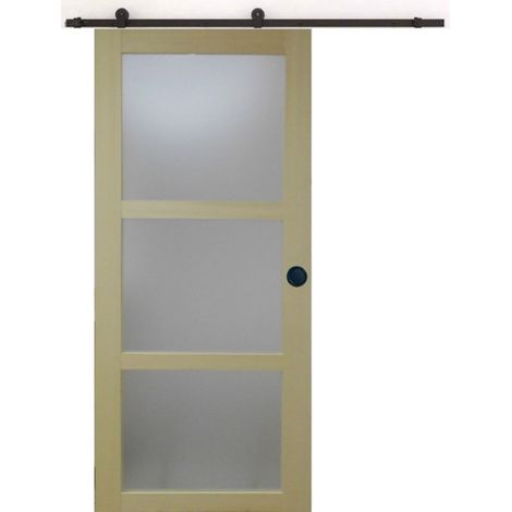 Puerta corredera de madera Ayous con cristal H204 x L93 cm, riel con ruedas, carcasa negra Gd Menuiseries