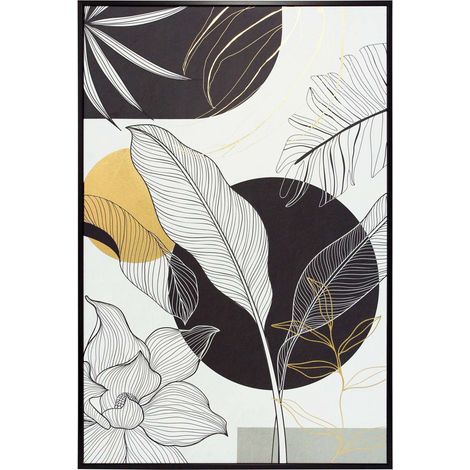 Cuadro enmarcado, hojas en negro, blanco y dorado 92x62cm