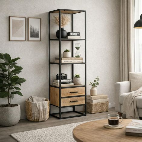 Colonne salon en bois clair 3 plateaux 2 tiroirs RIVANO (1/5)