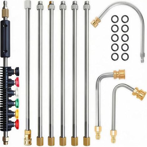 Lot de 10 rallonges pour nettoyeur haute pression avec 6 embouts de buse, lance de nettoyeur haute pression, outils de nettoyage de gouttière, 4000 PSI, connexion rapide 1/4" (1/5)