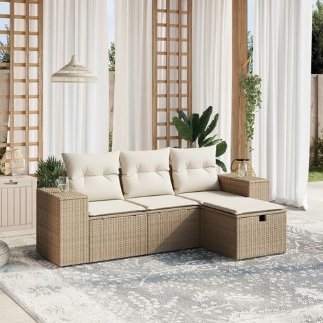 vidaXL 4-tlg. Garten-Sofagarnitur mit Kissen Beige Poly Rattan (1/4)