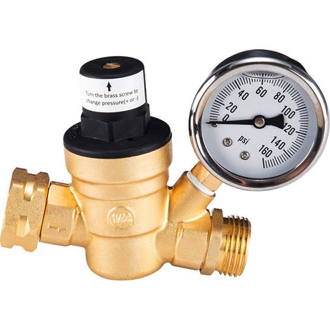 Régulateur de pression d'eau pour véhicules de loisirs, régulateur réglable en laiton sans plomb avec manomètre et filtre d'entrée pour caravanes et camping-cars - AquaForge (1/5)