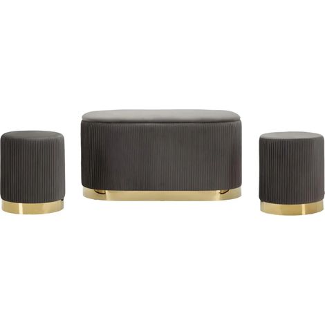 Set Panca Contenitore con 2 Pouf in Velluto Grigio Oro Camera Salotto