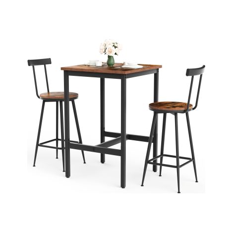 Bar-Tisch und Hocker-Set, Esstisch mit zwei Stühlen mit Fußpolstern, Metallgestell, Bar-Tisch-Set im Industrial-Stil,geeignet für Esszimmer, Wohnzimmer usw.,rustikale braune Oberfläche, 60cm60cm90cm