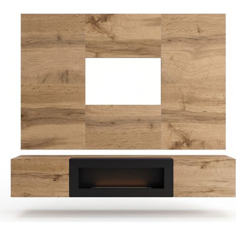 Ensemble meuble TV mural Switch PRK avec cheminée bioéthanol - Bois MDF chêne Wotan - 180 x 148 x 40 cm - Livraison gratuite (1/2)