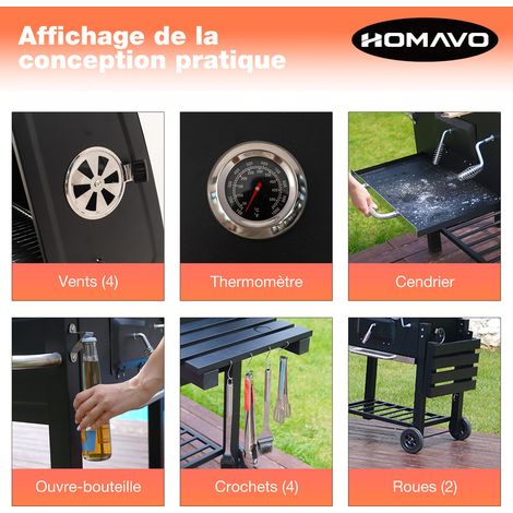 HOMAVO Barbecue Charbon de Bois, Surface de Cuisson: 56×42,5 cm, Bac à Charbon Réglable en Hauteur, Table Latérale Pliante, Thermomètre, Housse Barbecue Incluses
