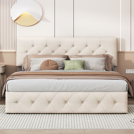 Dans Les Nuages – Lit coffre 160x200 cm – Rangement pratique avec mécanisme à vérin à gaz – Cadre en métal et sommier à lattes en bois – Velours beige capitonné