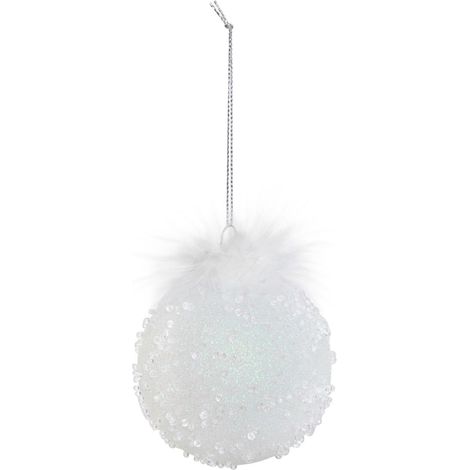 Déco Sapin Boule de Noël en Verre D 8 cm Blanc paillettes et Plumes - Feeric Christmas (1/2)