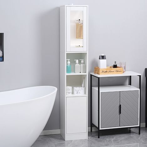 Colonne de salle de bain gain de place avec miroir et ouverture par simple pression, meuble de salle de bain multifonctionnel en bois, 30 x 28 x 170 cm, blanc