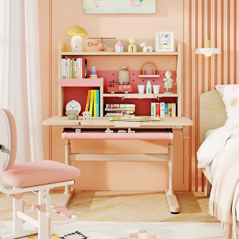 Table d'étude à hauteur réglable avec plateau inclinable et étagères, bureau d'enfant avec bibliothèque et tiroir - rose (1/5)
