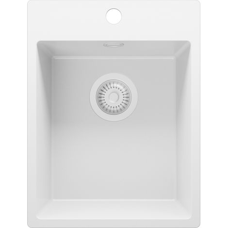 PRIMAGRAN Evier Cuisine en Granit 38x50cm, Lavabo 1 bac + Kit de Vidage, Évier à Encastrer au meuble 40cm - Riga, Tout Blanc