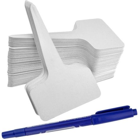 100 pièces Etiquette Jardin Exterieur Marqueurs en Plastique de Plantes Type T Plastique Etiquette Potager avec Stylo étanche Etiquetage Réutilisable et Accessoires pour Plantes(Blanc)..DEBUNS