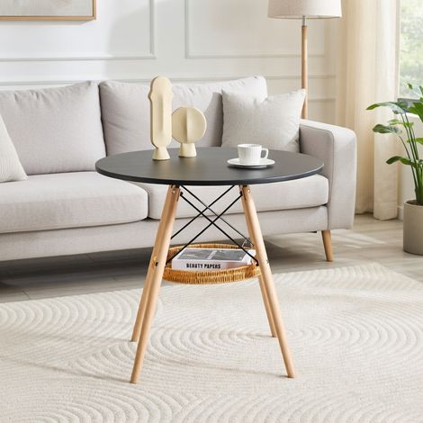 Table à manger ronde, plateau en MDF, pieds en bois massif, avec une structure de rangement suspendue en osier, noir et couleur naturelle (1/5)