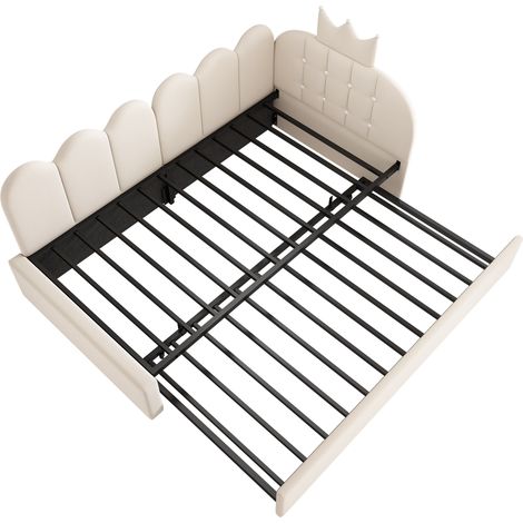 Cama de día con cama nido 90 x 200 cm en terciopelo beige, diseño corona (1/5)
