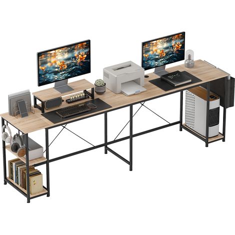 Bureau d'angle industriel réversible 168-240 cm avec étagère réglable, sac rangement, support écran