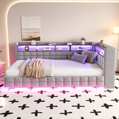 Lit coffre 90x200 cm - Avec tête de lit avec LED, USB et Type C - Avec sommier à lattes - En velours - Gris clair (1/5)