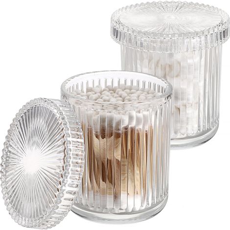 Lot de 2 boîtes à cotons-tiges en verre transparent - Organisateur de coiffeuse - Petite boîte de rangement ronde - Pour boules de coton, fil dentaire, accessoires de cheveux, sels de bain (1/5)