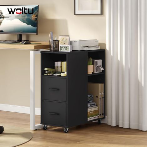 WOLTU Cassettiera da Ufficio Studio Scrivania con 2 Cassetti, Mobiletto con Ruote per Documenti e Cancelleria, con 3 Scomparti Aperti, Nero (1/5)