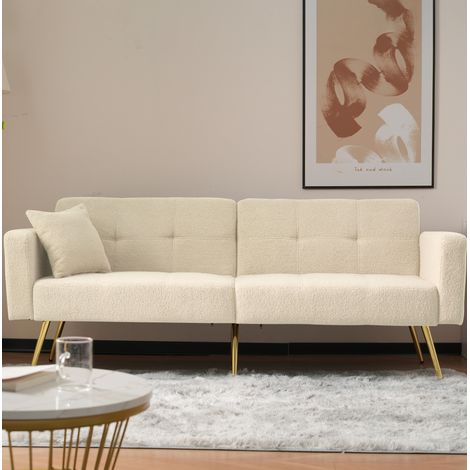 Divano Letto 175x64 cm in Sherpa Beige, Piedi Dorati, Schienale Regolabile 105/138/180° e Tasche Laterali (1/5)