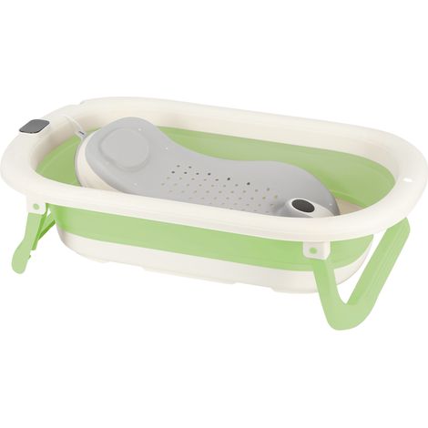 Hofuton Baignoire Pliable Bébé, Baignoire Pliable Pour Nouveau-Né Avec Coussin (0-24 Mois), Cadeau de Naissance pour Nouveau-né, Avec Thermometre Digital, Peu Encombrant, Vert (1/5)