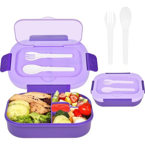 Lunchbox, Bento-Lunchbox für Kinder und Erwachsene, 1300 ml mit 4 Fächern, auslaufsichere Lunchbox mit Besteck, geeignet für Mikrowelle und Spülmaschine, BPA-freie auslaufsichere Bento-Box (Lila) (1/5)