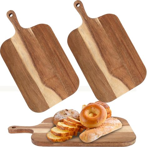 Lot de 2 planches à découper en bois d'acacia avec poignée - 38 x 19,5 x 2 cm - Grande planche de service en bois pour viande,pizza,fromage,pain,légumes (1/5)