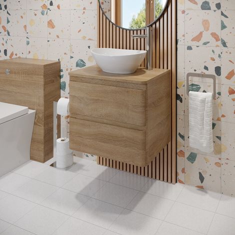 600mm Bathroom Countertop Vanity Unit Oval Basin Soft Close Wall Hung Oak Effect (1/5)