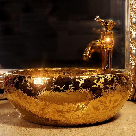 1 ensemble complet de lavabo en céramique fait à la main en or avec robinet doré et bonde (1/5)