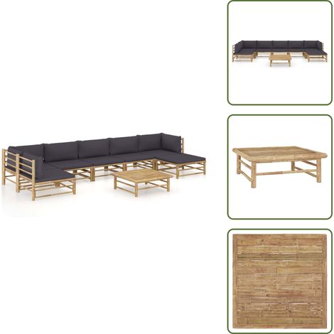 Tumbonas de jardín - vidaXL Set de muebles de jardín 8 piezas bambú con cojines gris oscuro - Sofás de jardín