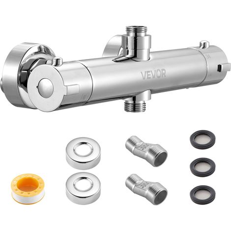 Mitigeur de Douche Thermostatique à Verrouillage Sécurisé 38°C, Vanne Thermostatique avec Température Constante, Robinet de Douche à Eau Chaude et Froide, pour Salle de Bain Caravane, Argent (1/5)