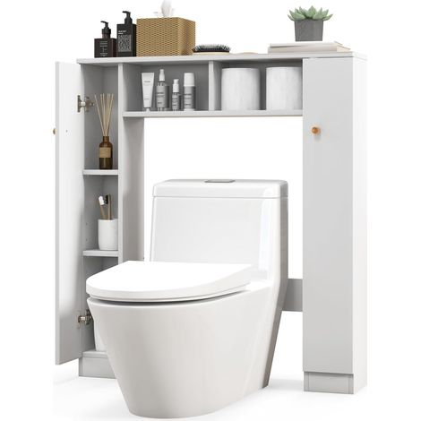 Goplus – Meuble WC au-dessus des toilettes – Organisateur de rangement autoportant avec doubles portes – 4 étagères réglables – Bois d'ingénierie blanc (1/5)