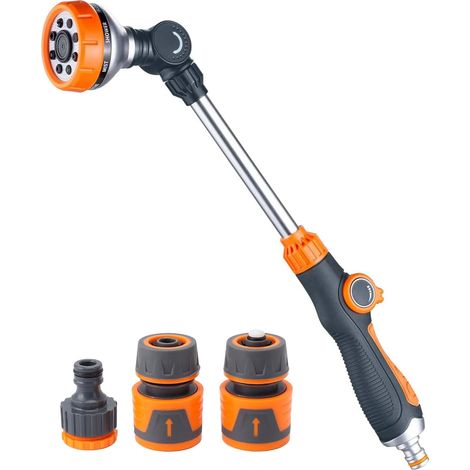 Pistolet Arrosage du Jardin 8 Modèles Réglables, 47cm Pulvérisateur, Pistolet d'Arrosage Allongé, Pistolet Arrosoir pour Lavage de Voiture, Nettoyage de Cour, Arrosage du Jardin, Orange (1/5)