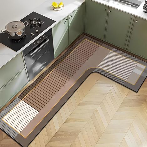 Non-slip Kitchen Mat, L-shaped Absorbent Diatomite Kitchen Mat, Washable Kitchen Mat in Front of Sink, Bath Mat, Dish Mat, Shower Mat (Brown, 100x120x43cm) (1/5)