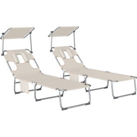 Set aus 2 faltbaren Liegestühlen mit 360°-Sonnendach, Gesichtsöffnung, Seitentasche und 550 g/m² Textilene, Beige