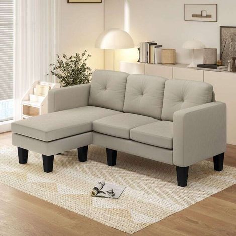 Canapé d'Angle 3 Places avec Méridienne Réversible Droite ou Gauche, Dossier Capitonné et Grand Confort pour Salon, Longueur 186 cm, Beige (1/4)