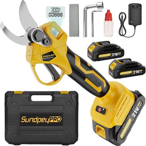 21V Sécateur électrique sans fil, Max 30mm Sécateur à batterie 2 Batteries 2000mAh et étui de transport, Moteur sans balais, écran LCD, pour jardin vergers vigne arbre fruitier fermes (1/5)