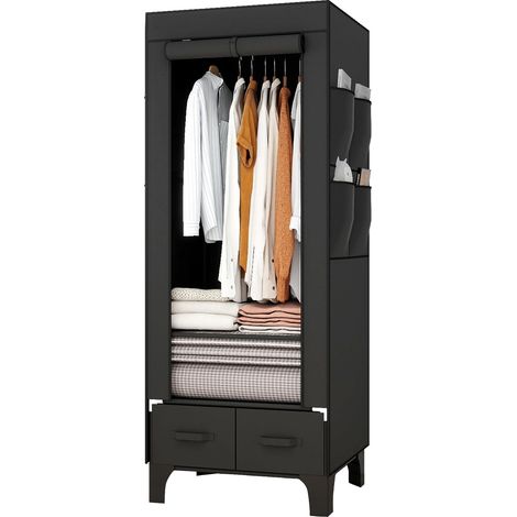 Armoire en tissu avec tringle à vêtements, 2 étagères, 8 poches latérales et 2 tiroirs, porte-vêtements stable pour chambre à coucher, penderie avec tiroirs, noire, 160 x 45 x 69 cm (1/5)
