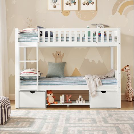 Cama litera infantil de madera maciza blanca 90x200 cm, convertible en 2 camas individuales, con barandillas y cajones (1/5)