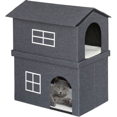 Relaxdays Two Storey Cat House, Pett Den with 2 Entrances, H x W x D: 71.5 x 62.5 x 44 cm, Foldable, Dark Grey (1/5)