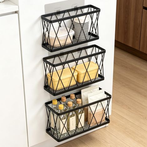 3 Pièces Armoires de Cuisine Porte Boîte de Rangement, Organisateur Cuisine Placard Métal Durable, Adhésive Boîte de Rangement Murale, pour Porte de Placard, Les Murs, Petits Objets, Noir (1/5)