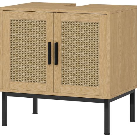 Meuble vasque de salle de bain de style bohème, armoire de salle de bain, éléments en rotin, découpe en forme de U, chêne