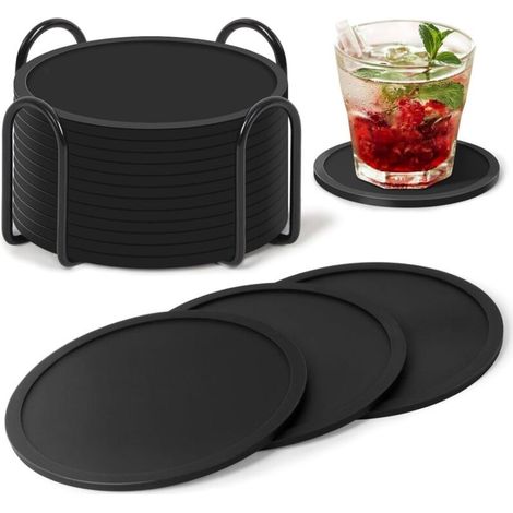 12 sous-verres en silicone-Antidérapants et isolants thermiques- Noirs-Avec support-Conviennent aux verres,tasses à thé,tasses café (1/5)