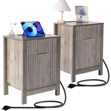 Table d'appoint de ferme, lot de 2, table de chevet carrée avec ports et prises USB, table d'appoint à 3 niveaux avec armoire de rangement et 2 tiroirs pour le salon, la chambre, le bureau, gris (1/5)
