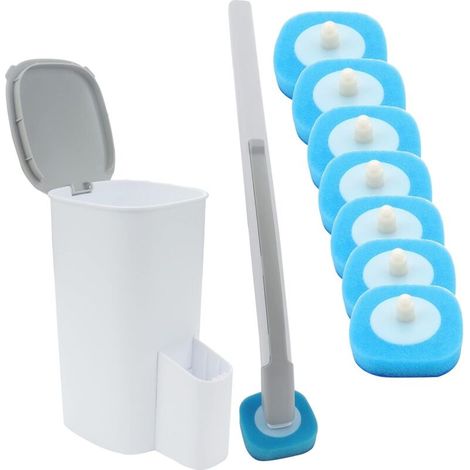 Brosse WC jetable avec support, kit de bâton de toilette mural, système de nettoyage de toilette jetable avec 7 têtes de changement de toilettes (kit de bâton de toilette) (1/5)