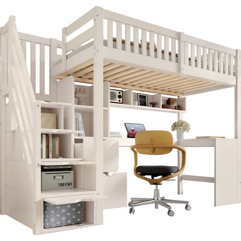 Lit mezzanine 90x200 cm avec escalier de rangement, lit enfant avec bureau d’angle, étagères, 2 tiroirs et sommier inclus, bois, blanc