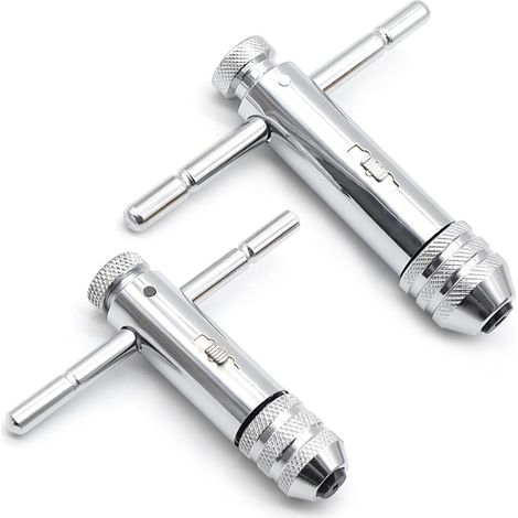 Juego de 2 llaves ajustables para machos de roscar M3-M8 y M5-M12 con trinquete de mango en T para juegos de machos y terrajas.