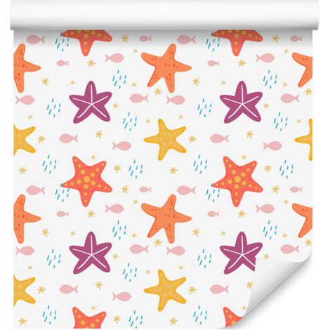 Carta da parati con stelle marine nei colori bianco, crema e corallo per soggiorno e camera da letto, 50x1000 cm. (1/5)
