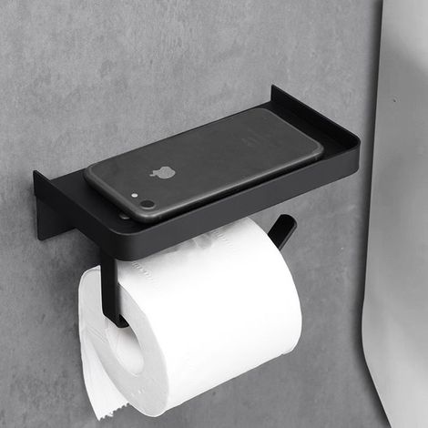 1 Porte-rouleau papier toilette,Support mural aluminium avec étagère,Noir,pour salle de bain,toilettes,cuisine (1/5)
