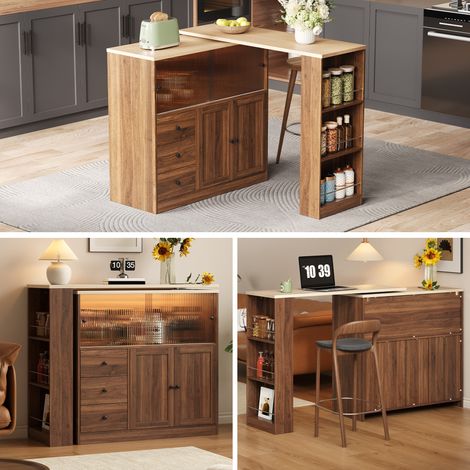 Îlot de cuisine fixe avec table pivotante à 360°, meuble de rangement, table de bar avec tiroir et porte coulissante en verre trempé, buffet de cuisine pour salle à manger et bar maison (1/5)
