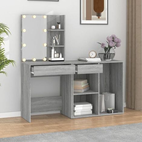 Coiffeuse avec Miroir LED Intégré et Armoire en Bois d'Ingénierie Couleur Sonoma Gris, Meuble de Toilette Moderne avec Rangement (1/5)